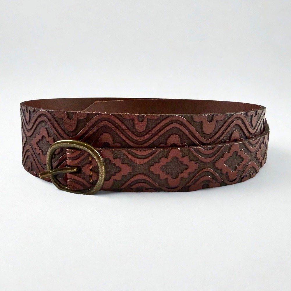 Athleta Embossed Leather‎ Belt Womens L Brown Geometric Tooled Medallion Boho